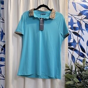 NWT Koralhy Blue with Plaid Collar UPF50+ Moisture Wicking Athletic Golf Polo L